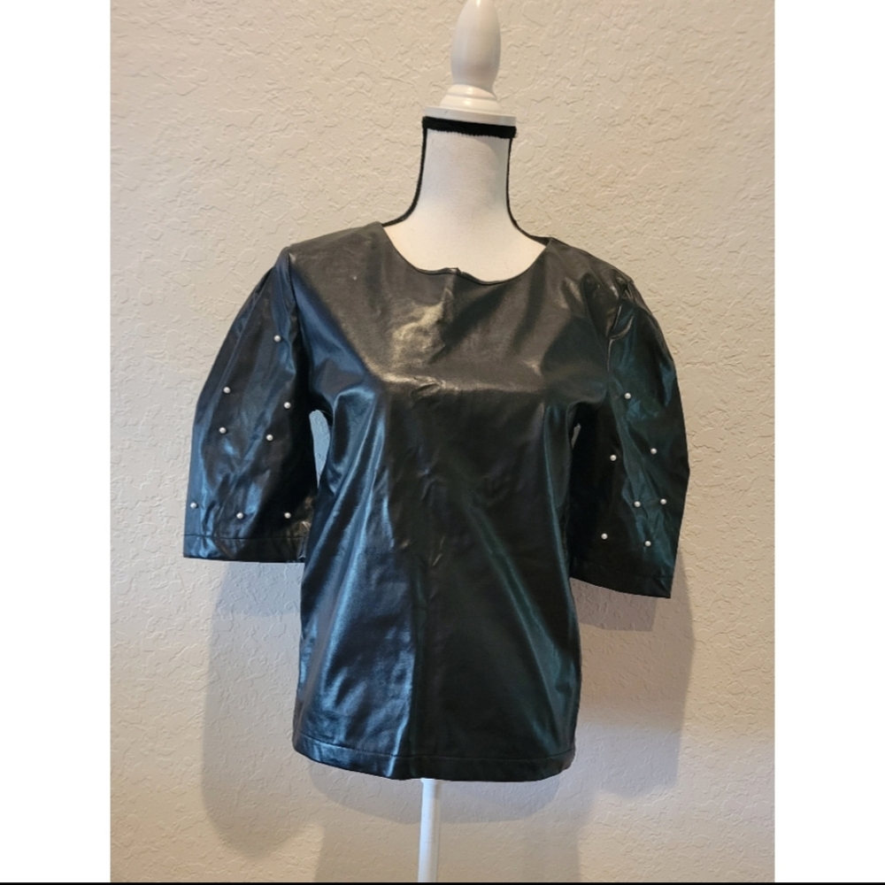 Black Faux Leather Top with Pearl Studded Sleeves
